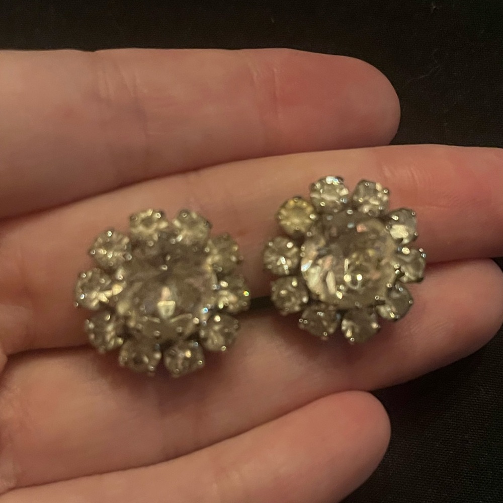 Vintage Silver Tone Crystal Clip Flower Stud Earrings made in Austria
